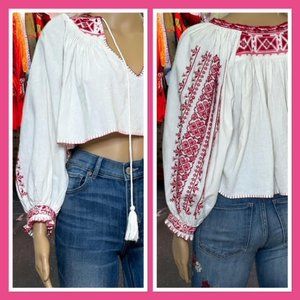 FREE PEOPLE Embroidered Boho Indie Crop Top Long Sleeve Ethnic Blouse Rare XS